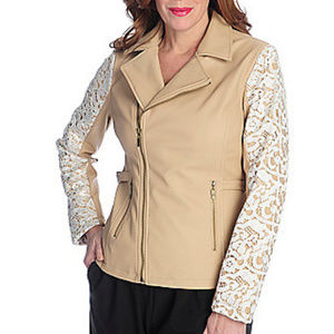 Pamela McCoy Faux Leather Lace Detail  Moto Jacket